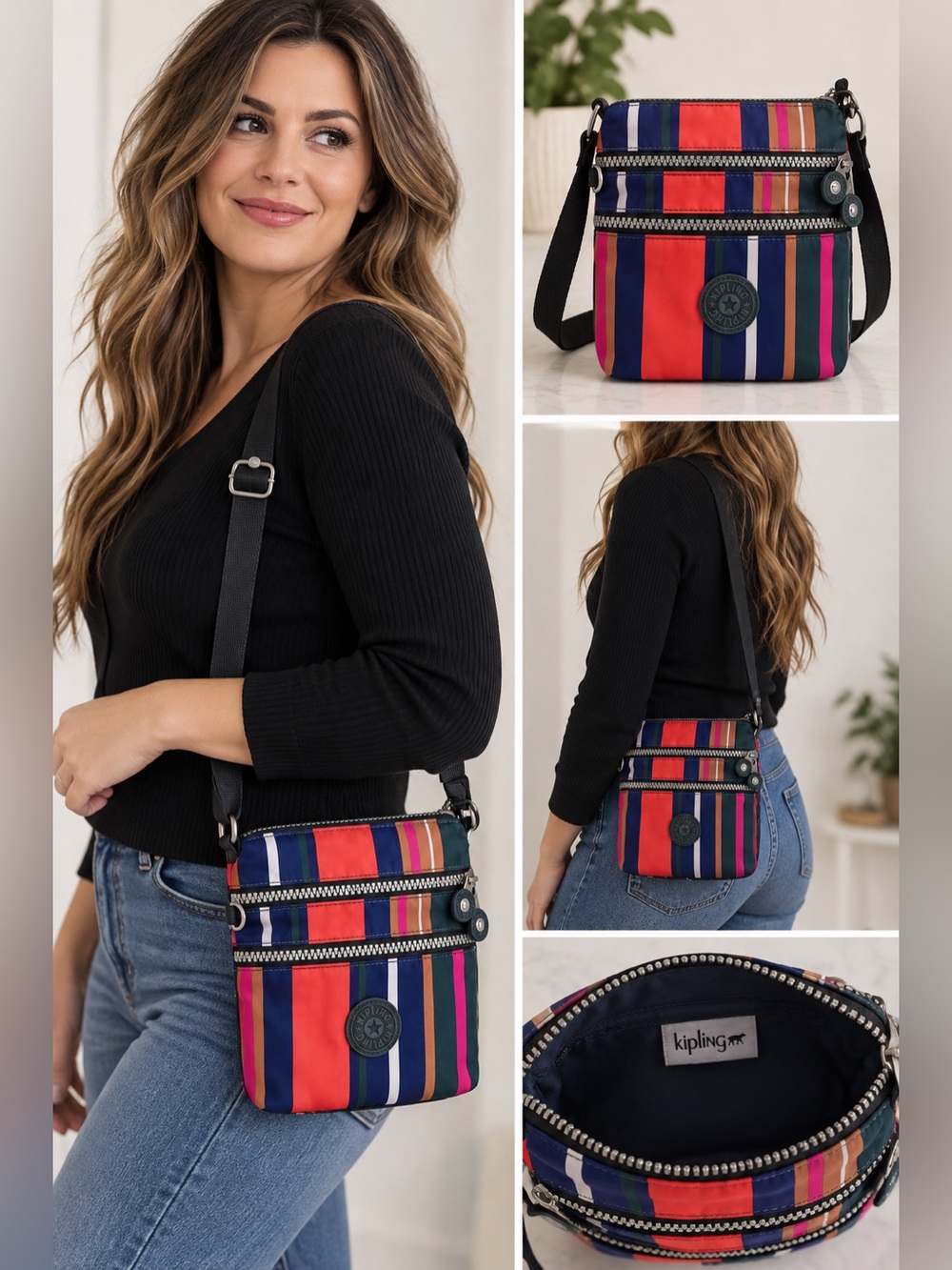 Kipling Green‎ and Multi Striped Crossbody Shoulder Bag